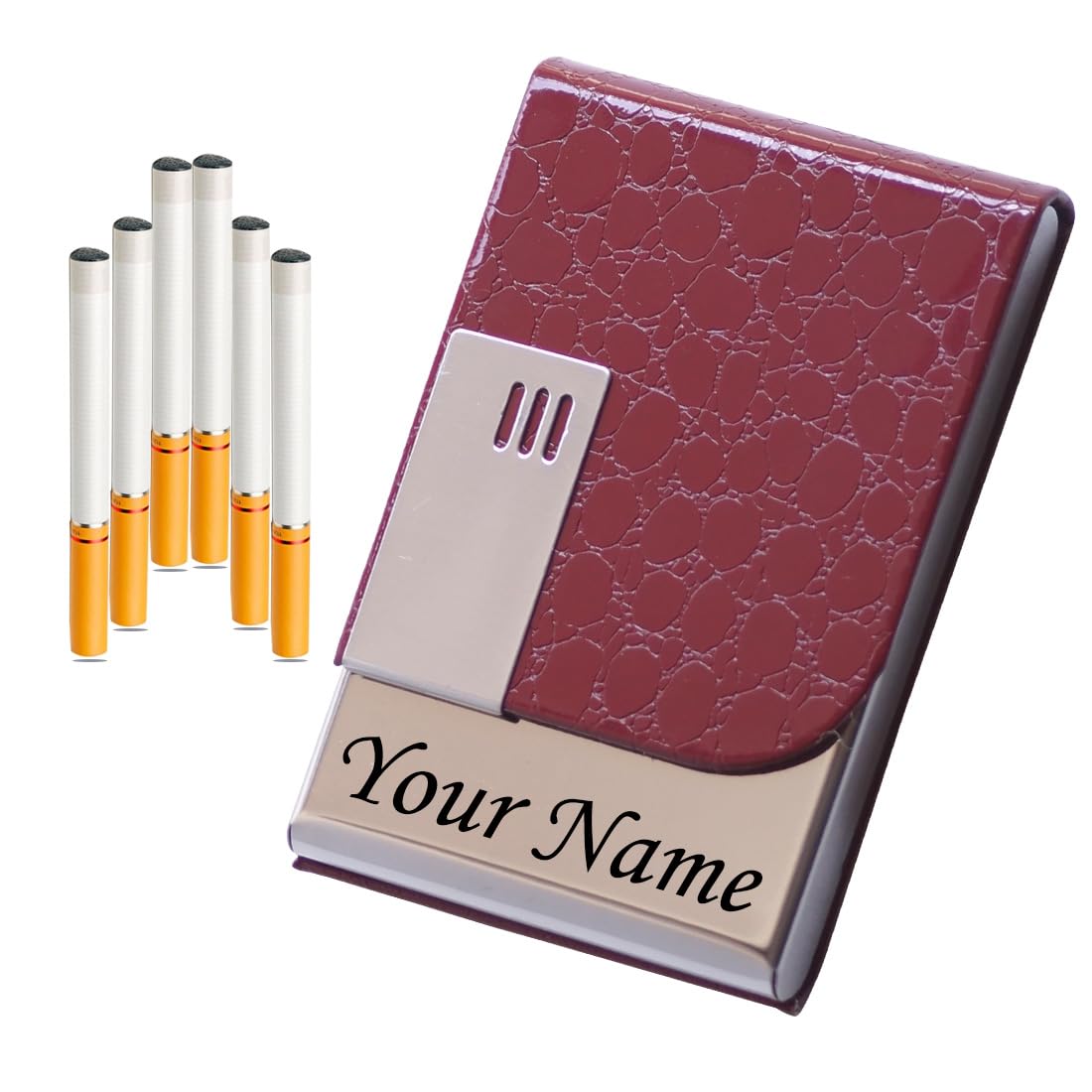 Customized With NAME ENGRAVED Metal CIGARETTE Case Box for King|Regular|Slim 70mm|84mm Size Store 8 Cigarettes crush Proof for men women (Marron)-image-0