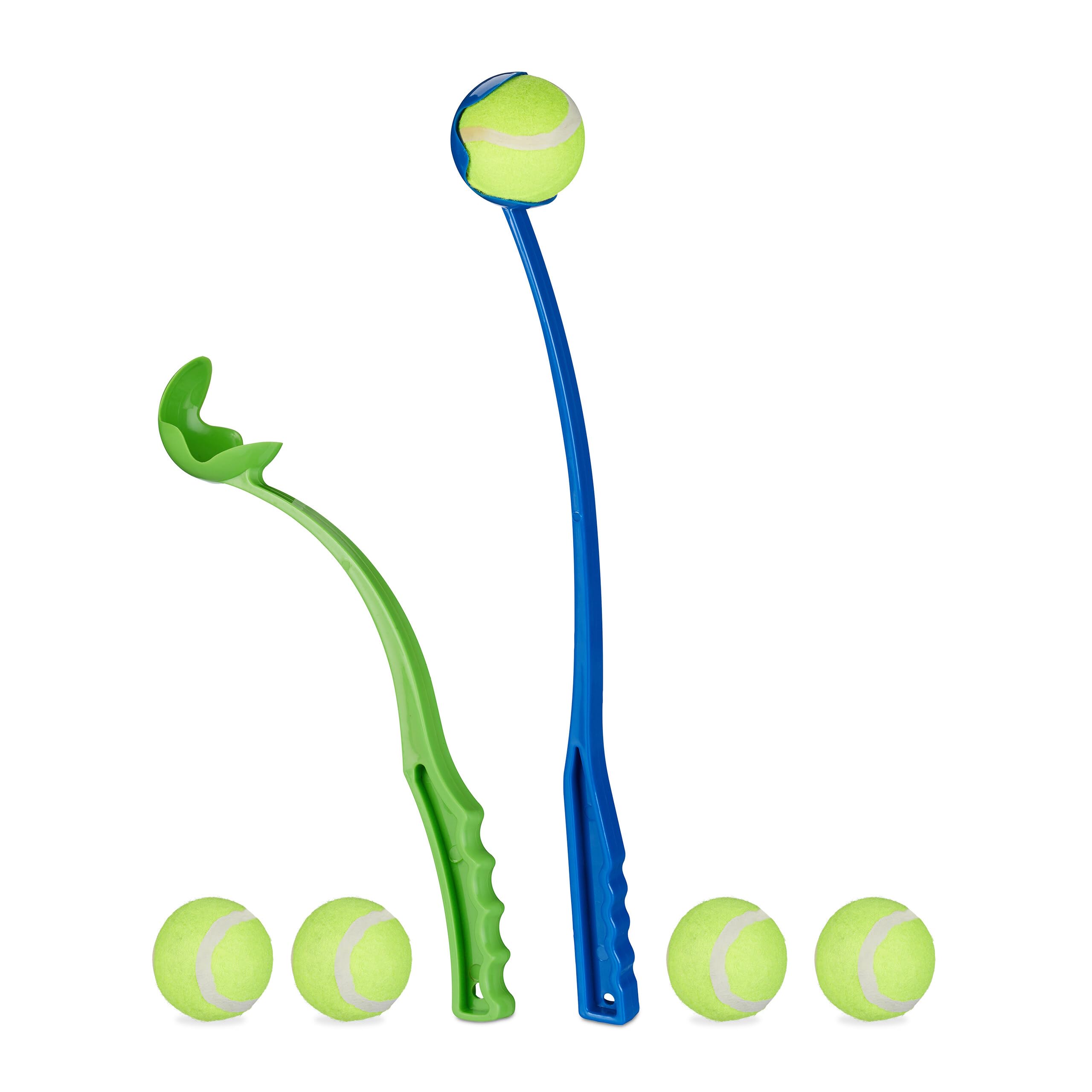 Relaxdays 8x Lancia Palla per Cani, Set da 8 Giocattolo Ball Launcher per Animali Domestici, 20 Palline da Tennis, Blu Verde