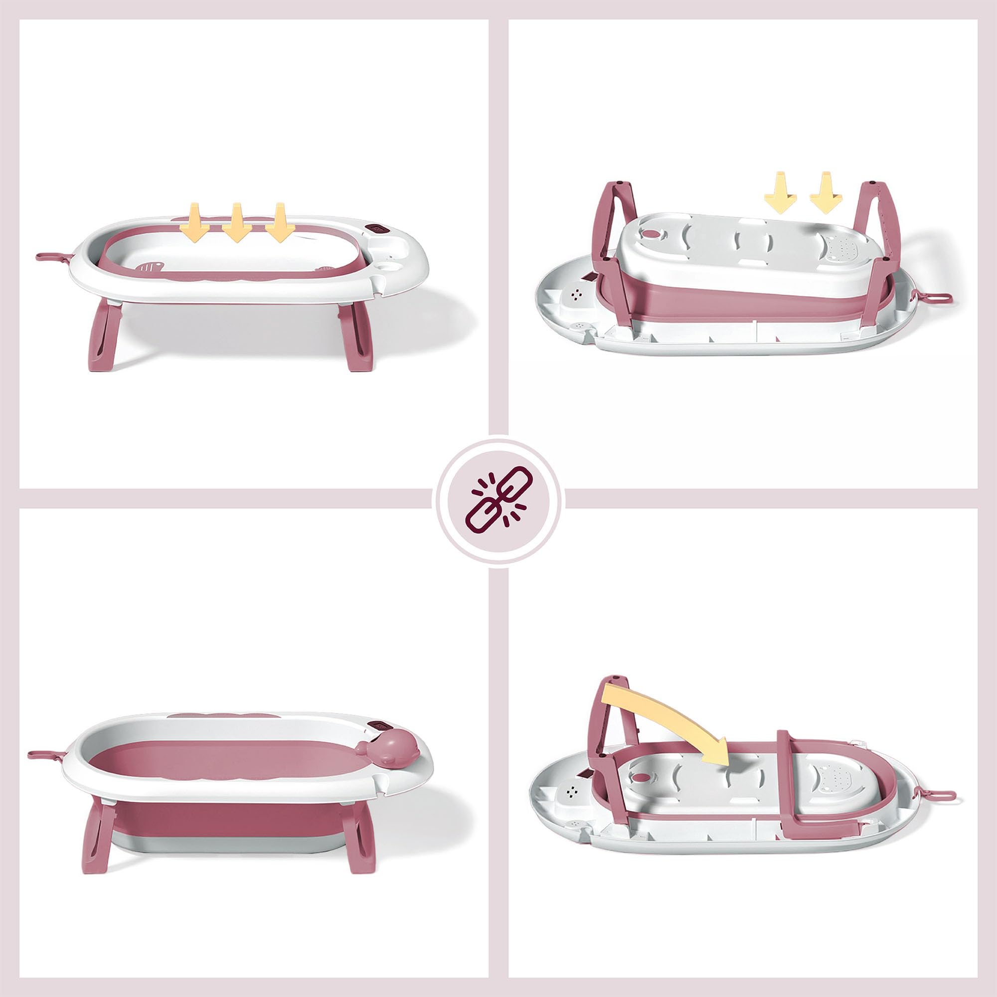 Moby-System Bañera Bebé Plegable con Termómetro LCD Incluye Inserto Soporte Alto y Bajo Vasito de Ballena – Compacta y Segura desde Recién Nacido – Rosa Empolvado