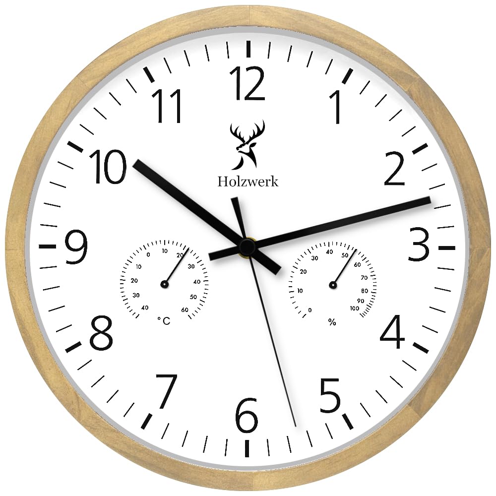 Holzwerk MEERSBURG Orologio da parete con indicatore di temperatura e igrometro Umidità Orologio in legno, movimento silenzioso, senza ticchettio, marrone faggio bianco, silenzioso, legno massello
