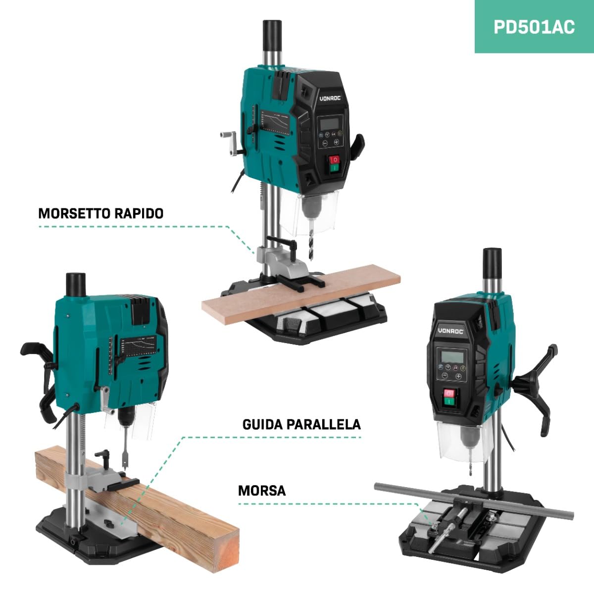 VONROC Trapano a colonna 900W - Con pannello di controllo digitale e display LCD | Accessori inclusi