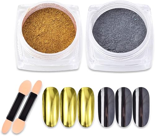 Miniatura 2 de Polvo de espejo negro metálico cromado, 2 frascos dorados y negros para arte de uñas, efecto brillante, pigmento cromado, puntas de manicura con