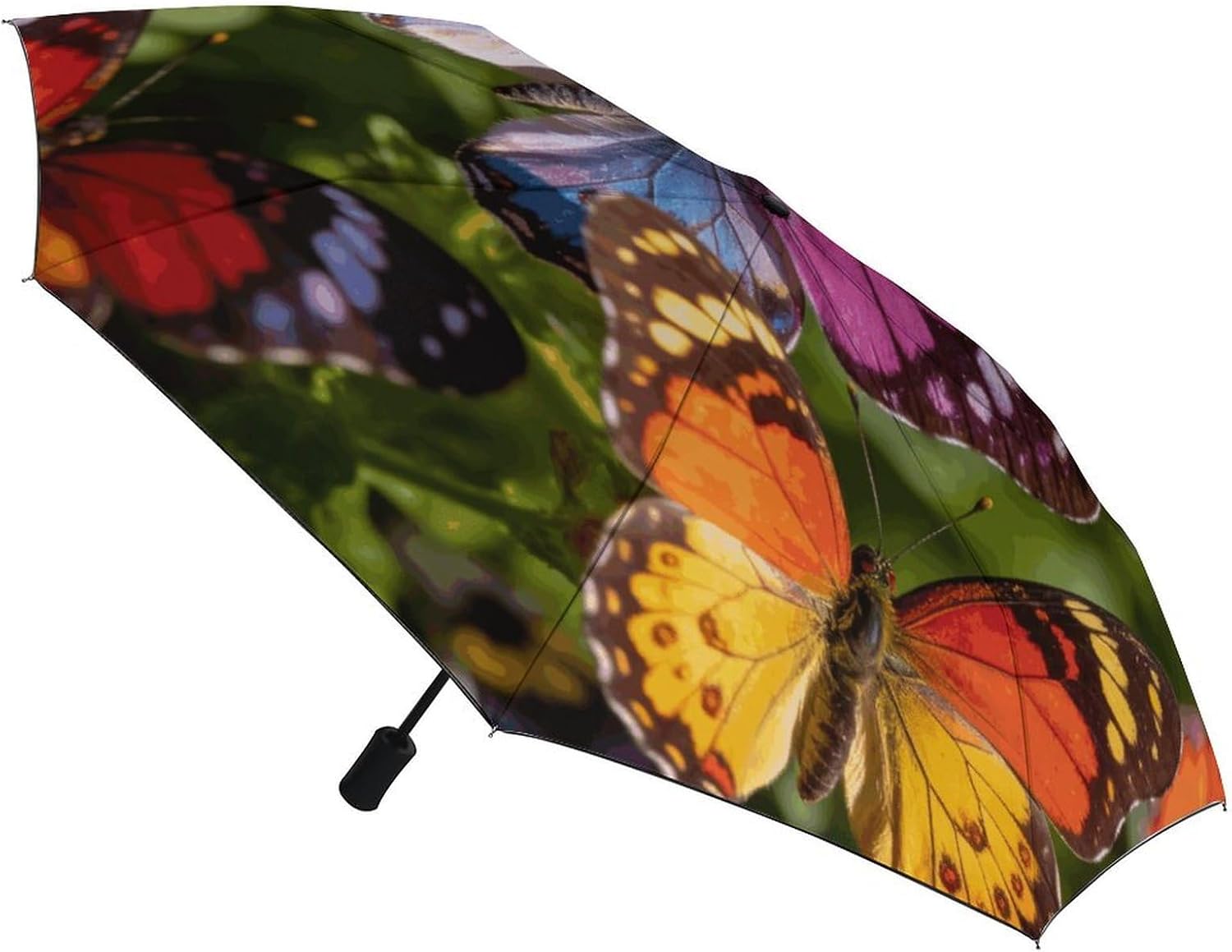 Colorful Butterfly Flowers Umbrella,Automatic Open 3 Folding Umbrella Strong And Portable Durable Premium Grip Travel Umbrella for Men And Women Fits Car And Backpack