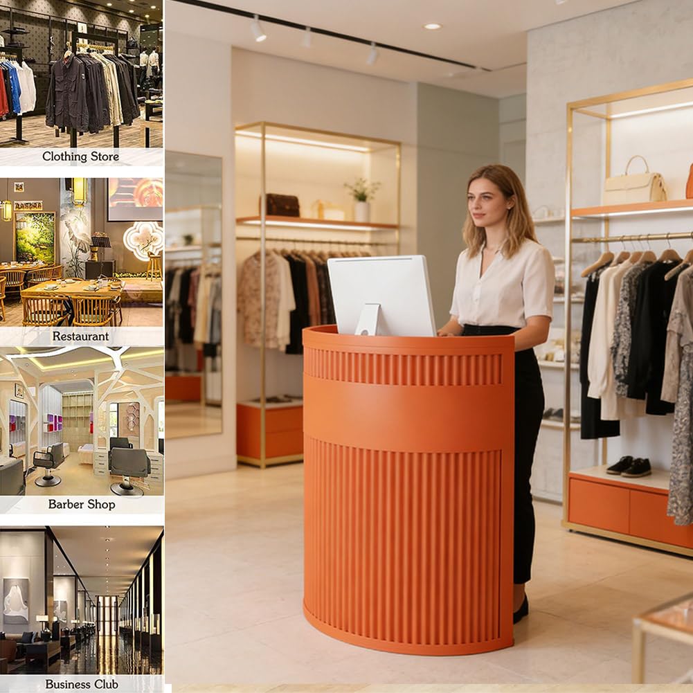 Moderno escritorio de recepción semicircular con cajones con cerradura, mesa de bienvenida de acero al carbono para oficinas, hogares y salones, elegante recepción de banco rosa