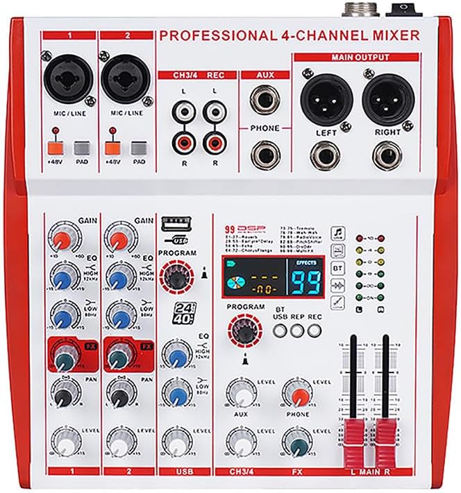 MW-4 Professional 4-Channel USB Audio Mixer - Bluetooth 5.0 & 99 DSP Effects, 48V Phantom Power, Stereo EQ, Headphone Monitoring for DJ/Live Streaming/K Song/Instrument Recording/Wedding