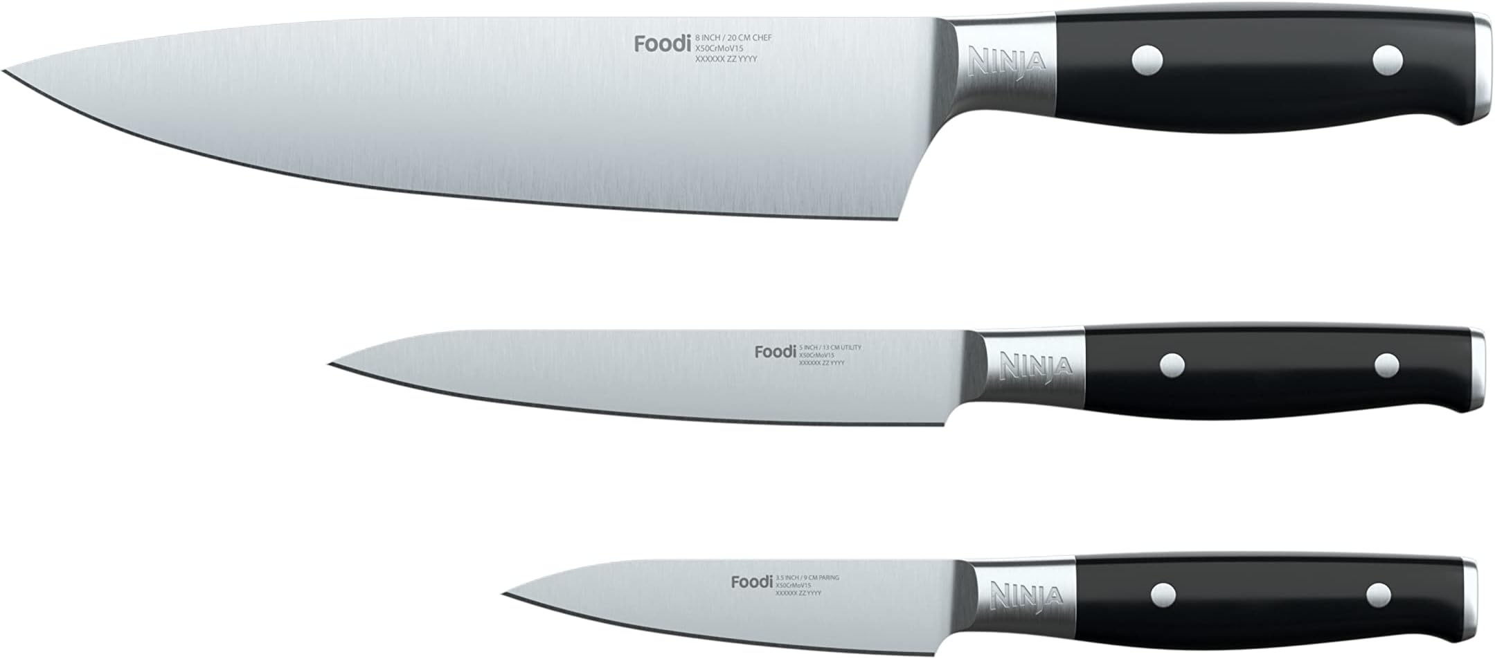 K32003 Foodi NeverDull System 3-Piece Chef Knife, Utility & Paring Set, Premium, German Stainless Steel, Black