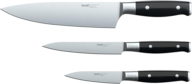 Ninja K32003 Foodi NeverDull System 3-Piece Chef Knife, Utility & Paring Set, Premium, German Stainless Steel, Black
