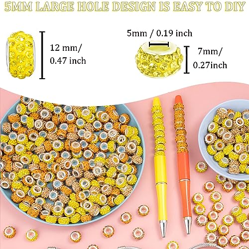 200 Pieces European Large Hole Spacer Beads, Zyehxed Yellow European Craft Beads Rhinestone Lampwork Beads Fairy Garden Beads for DIY Charms Bracelet Necklace Earring Jewelry Making Supplies — view 3