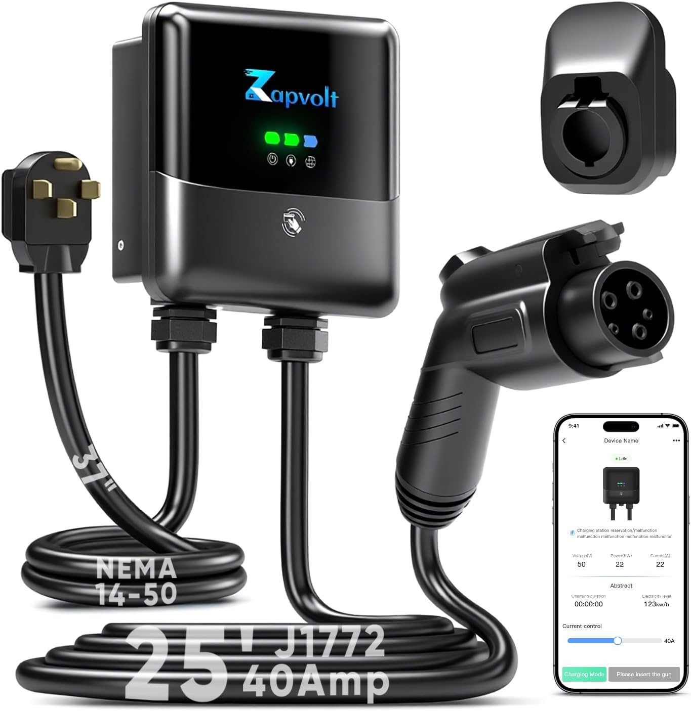 Level 2 EV Charger - 40Amp 240V 25FT Electric Vehicle Charging Station, Cable Smart Wall EV Chargers Level 2 for Home, RFID Card, WiFi Enabled, NEMA 14-50 - 9.6kW EVSE J1772, UL