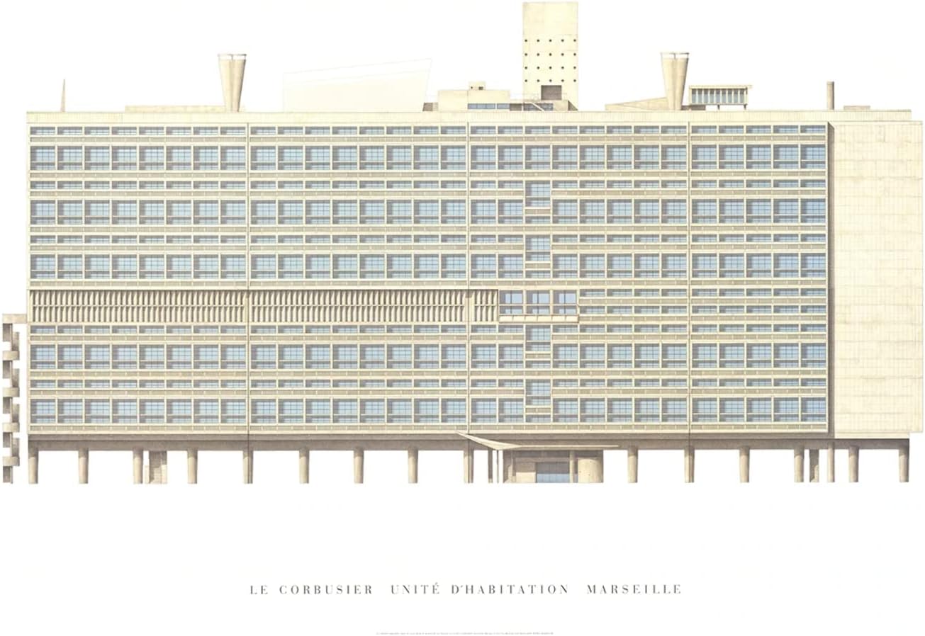 Le Corbusier Unite d'Habitation, Marseille 27.5" x 39.25" Poster 2009 Modernism Blue, White