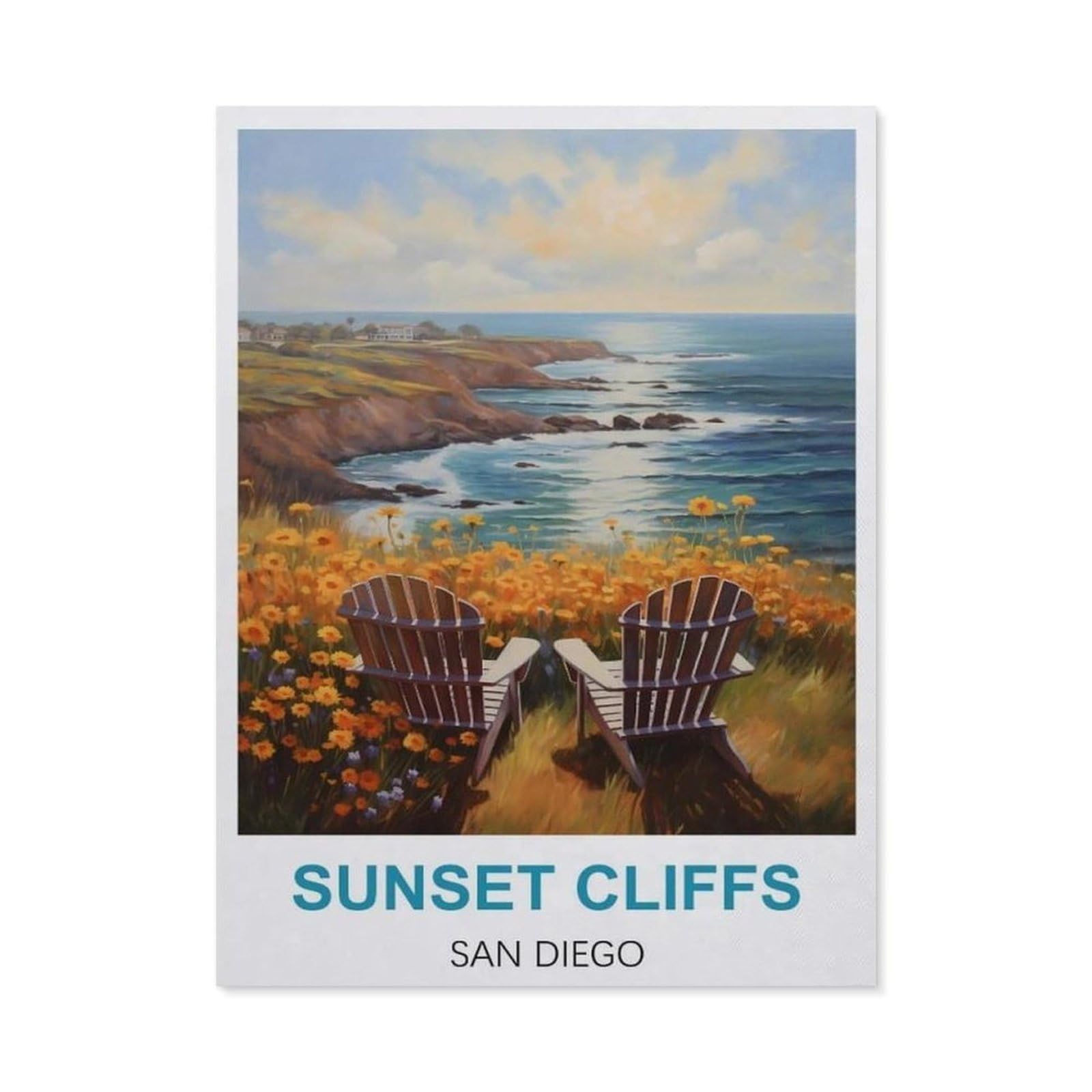 DIY 5D Diamond Painting Kits，Sunset Cliffs San Diego Vintage Travel Posters，Diamond Painting for Beginner Adults Rhinestone Numbered Diamond Arts Home Wall Decor（50 x 60 cm/19.68 x 23.62 inches）-CA69