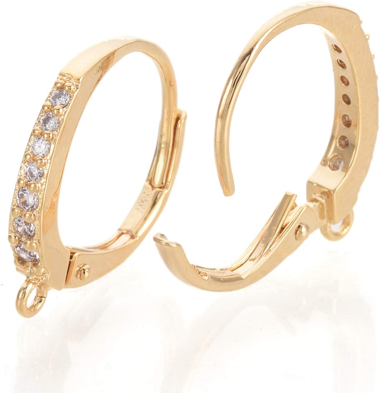 Fashewelry 20Pcs Brass CZ Huggie Hoop Earring Leverback Micro Pave Crystal Cubic Zirconia Rhinestone Ear Wires 18K Gold Clip Ear Hooks with Hang Loop 17x14mm