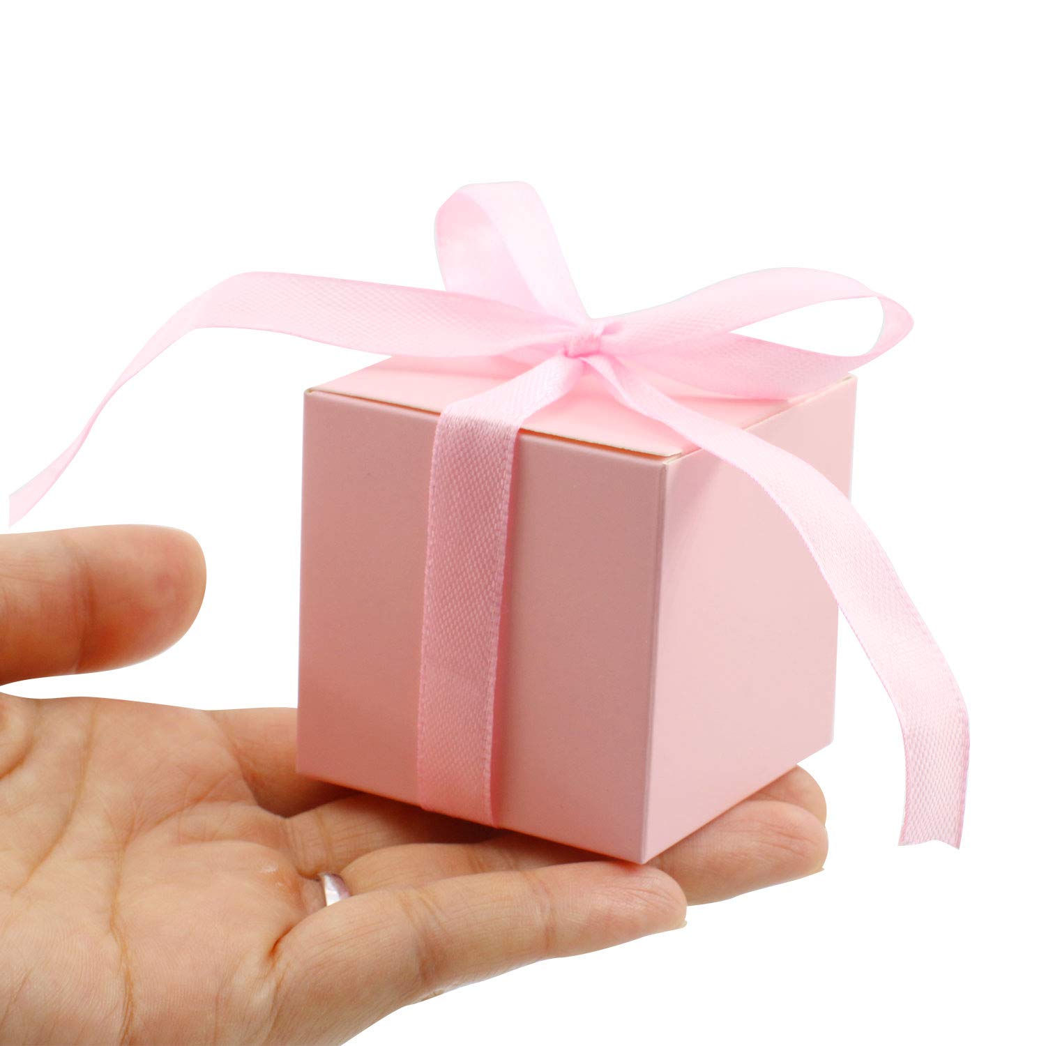 KPOSIYA Pudełka na upominki, 70 sztuk, 5,1 x 5,1 x 5,1 cm, różowe pudełka na cukierki ze wstążkami na wesela, baby shower i przyjęcia urodzinowe