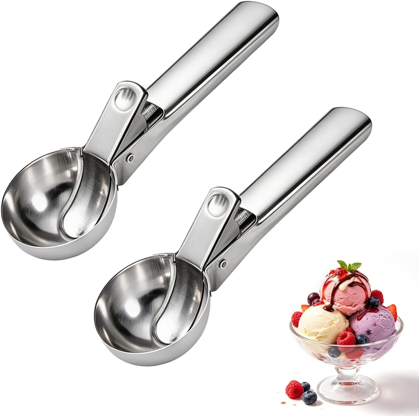 2PCS Ice Cream Scoop,Portable Stainless Steel Ice Cream Scoop with Trigger and Comfortable Handle,Dishwasher Safe,DIY Ice Cream,Gelato,Sorbet,Cake Batter