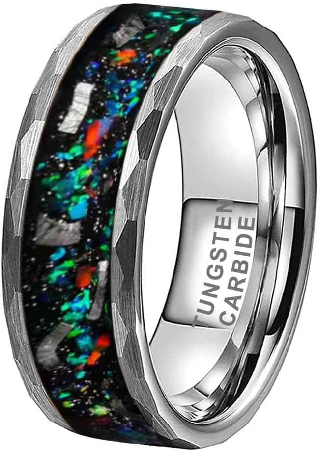 TUTISS 8mm Hammered Tungsten Rings for Men Women Engagement Wedding Bands Geunine Opal Meteorite Inlay Matte Finish Comfort Fit