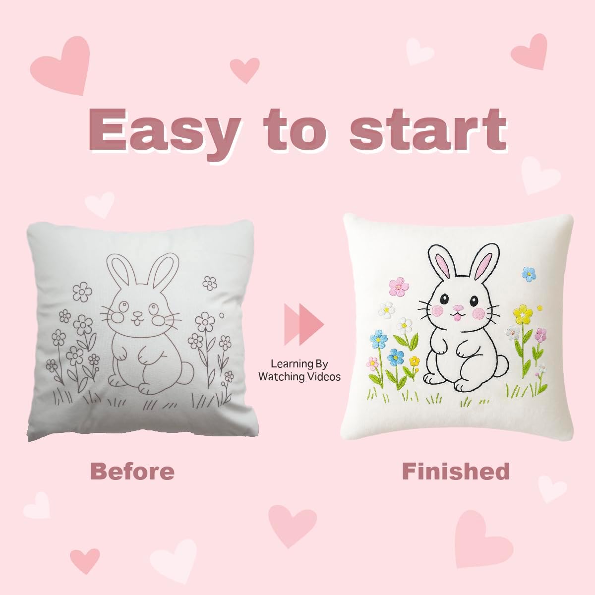 GQKHSS DIY Bunny Embroidery Kit, Decorative Pillow Cover with Floral Design,18 x 18'',Complete Starter Set with Thread and Tools,No Pillow Core