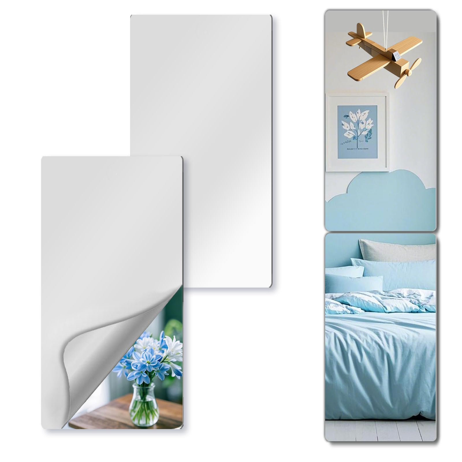 Piastrelle a specchio infrangibili, 2 pezzi, 61 x 35,6 cm, da applicare e da incollare, per specchi da parete, decorativi, per camera dei bambini, in plastica, per palestra, porta, senza cornice