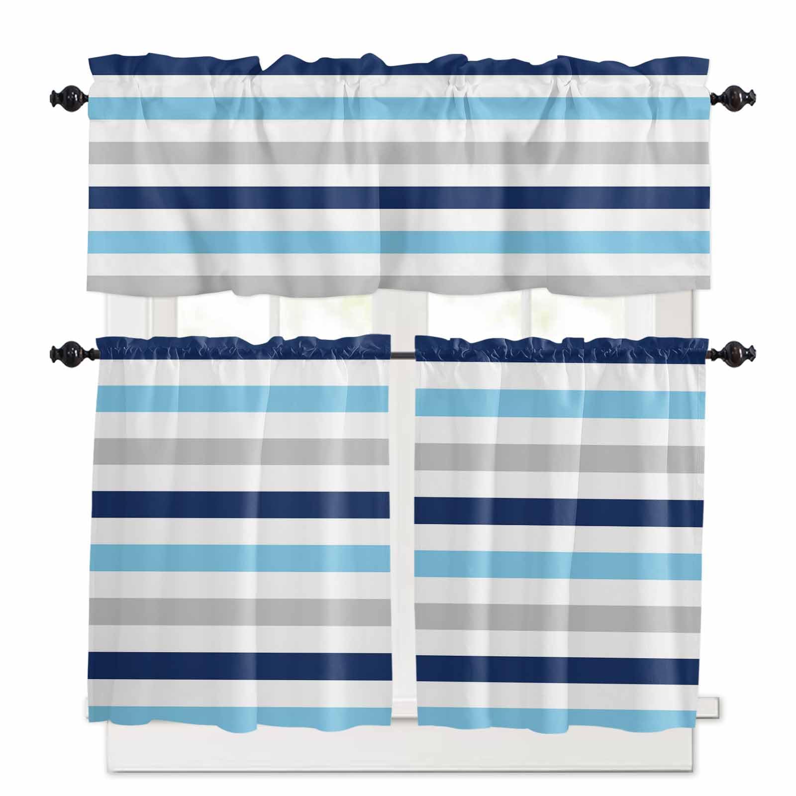 Blue Navy Striped Kitchen Curtains 36 Inch Length, 3 Piece Rod Pocket Small Half Tiers and Valance Set, Simple Abstract Greyish Lines Art Small Large Window Treatment Decor for Bedroom/Bathroom Sink