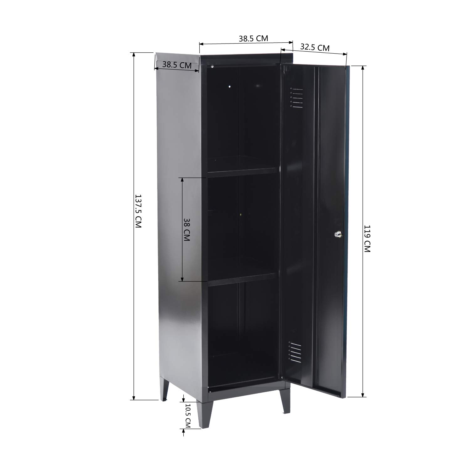 FurnitureR Almacenamiento Carpetas con Cerradura, Armario de Metal, Todo en Hierro, con Puertas Planas, 3 Compartimentos Grandes, para Garaje, Oficina, Color Negro, 38.5 x 38.5 x 137.5cm