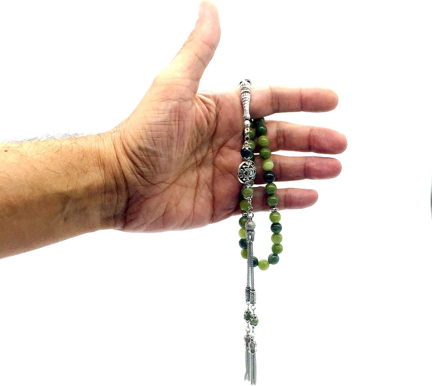 Design -Latest Models New Long & Stylist Tassels Worry Beads - Prayer Beads (8 mm-33 Beads) Tesbih-Tasbih-Tasbeeh-Misbaha-Masbaha-Subha-Sebha-Sibha-Rosary (Green Jade Stone - Twin Tassel)