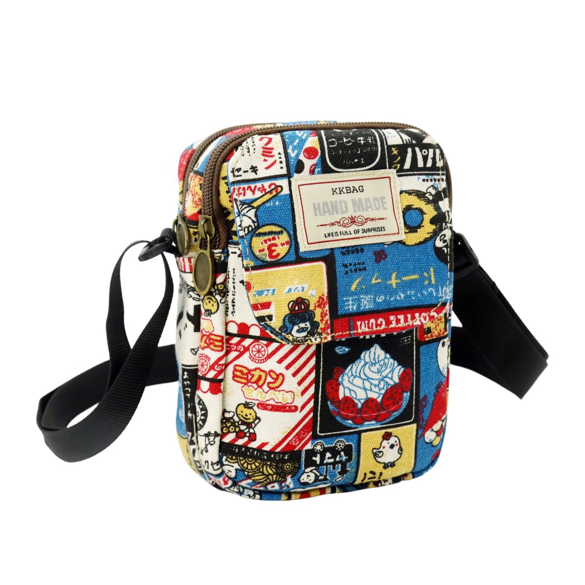 Cute Canvas Phone Sling Bag Small Casual Utility Bag Cartoon Vintage Print Crossbody Phone Multi Pocket Purse Mini Mobile Pouch-image-12