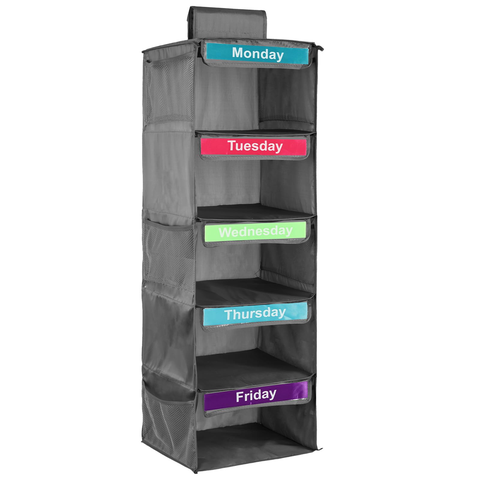 Hanging Wardrobe Organiser,Weekly Clothes Organizer for Kids 5 Shelves Day of Week Children Clothes Hanging Shelf Monday to Friday DailyClothes Closet Storage for Hats T-Shirts Bags Towels(Grey)
