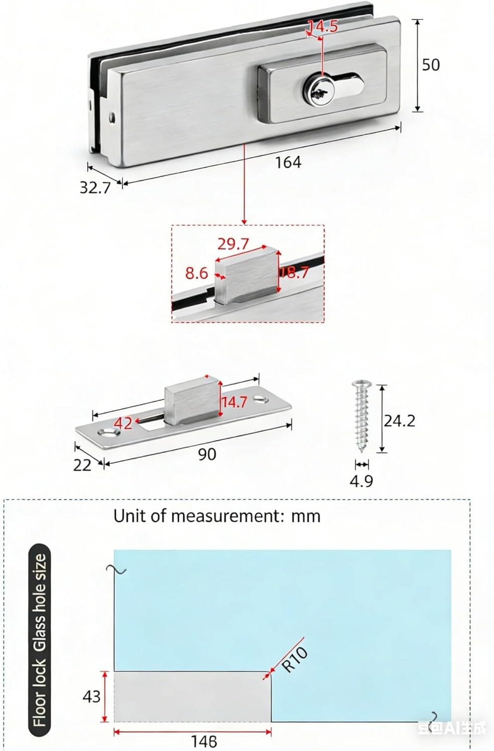 Tempered Glass Door Floor Lock Spring Square-Mouth Office Shop Latch Frameless Hardware