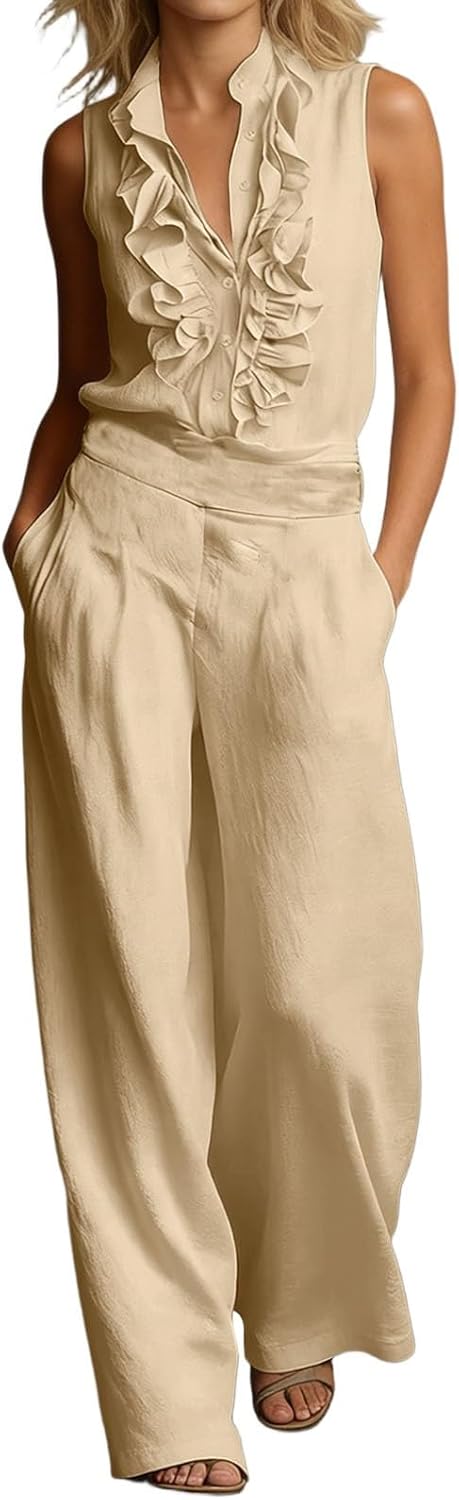 2 Piece Pants Set for Women Sleeveless V Neck Ruffle Shirts Summer Casual Outfits Loose Wide Leg Pants with Pockets