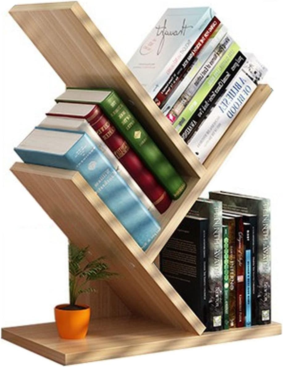 VOVCIG Tree Bookshelf 3 Shelf Desktop Organizer Y Shaped Office Storage Rack Adjustable Wood Display Shelf Small Bookshelf for Bedroom Home Office(Light Yellow)