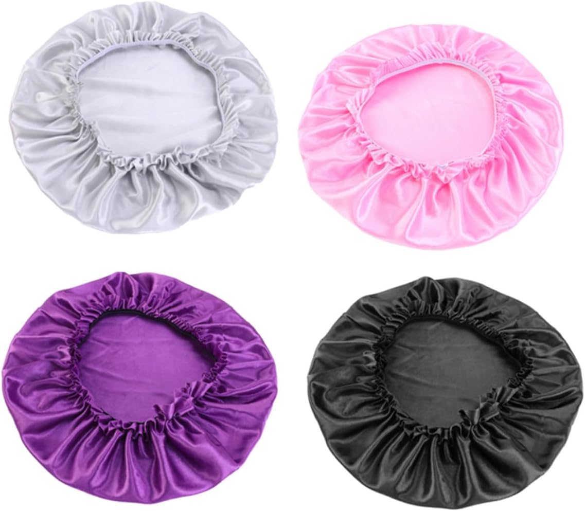 4pcs Women’s Silk Lace Sleeping Caps Round Hair Wrap Night Beauty Hats for Hair Care Black Pink Purple Silver