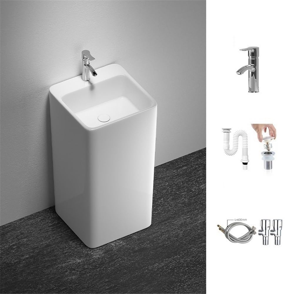 Fregadero de pedestal moderno de una pieza con grifo plateado y kit de desagüe circular de porcelana blanca para baño, lavabo de pedestal