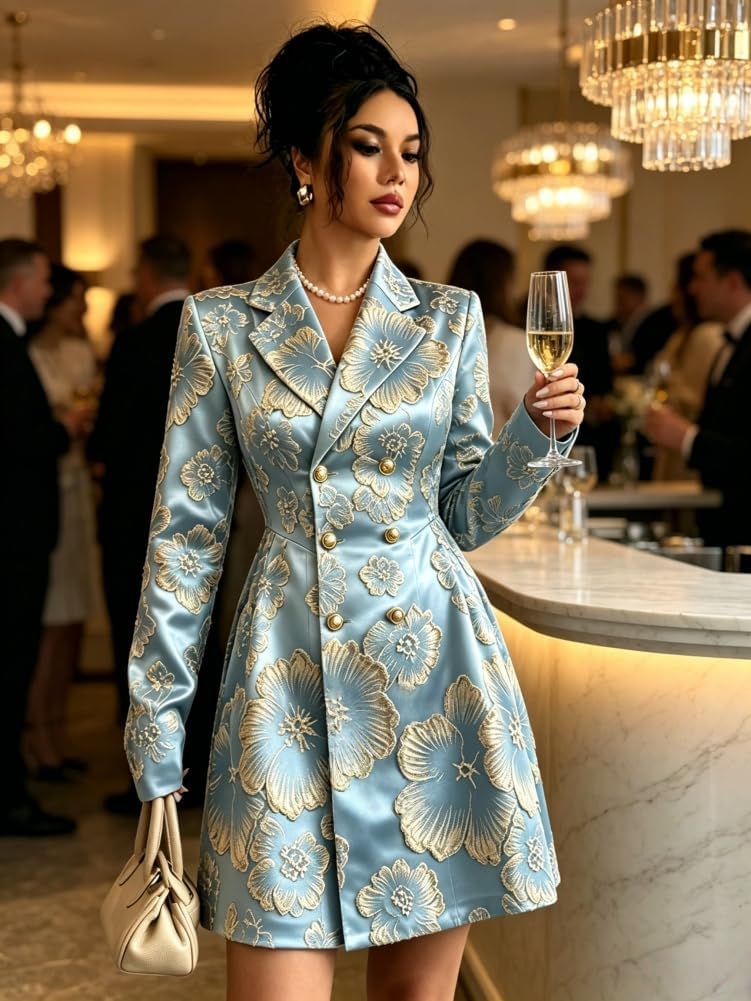 Womens Floral Jacquard Blazer Dress Double Breasted Gold Button Slim Fit A-Line Mini Dress Wedding Guest Formal Dress