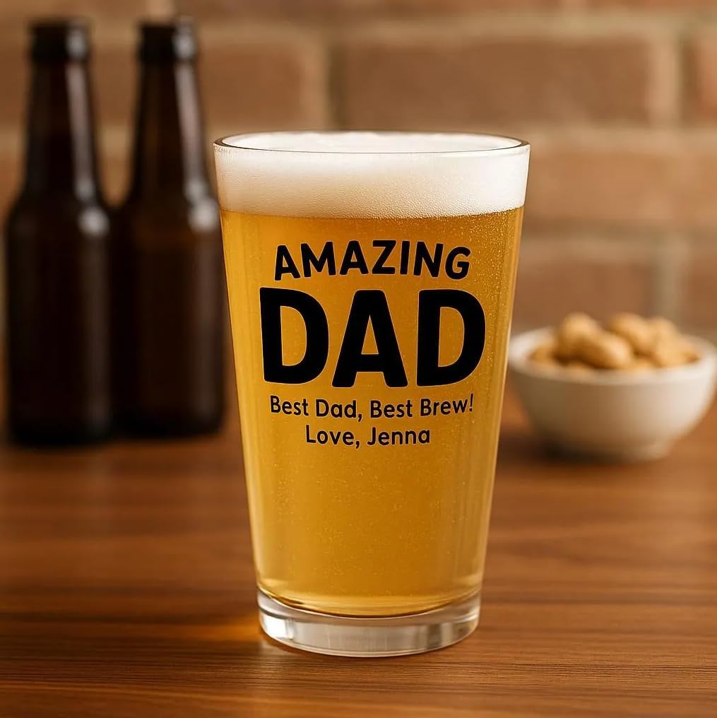 Personalization Universe Amazing Dad Personalized Printed Pint Glass – Custom Text – 16 oz. Clear Glass – Individually Boxed – Made in the USA