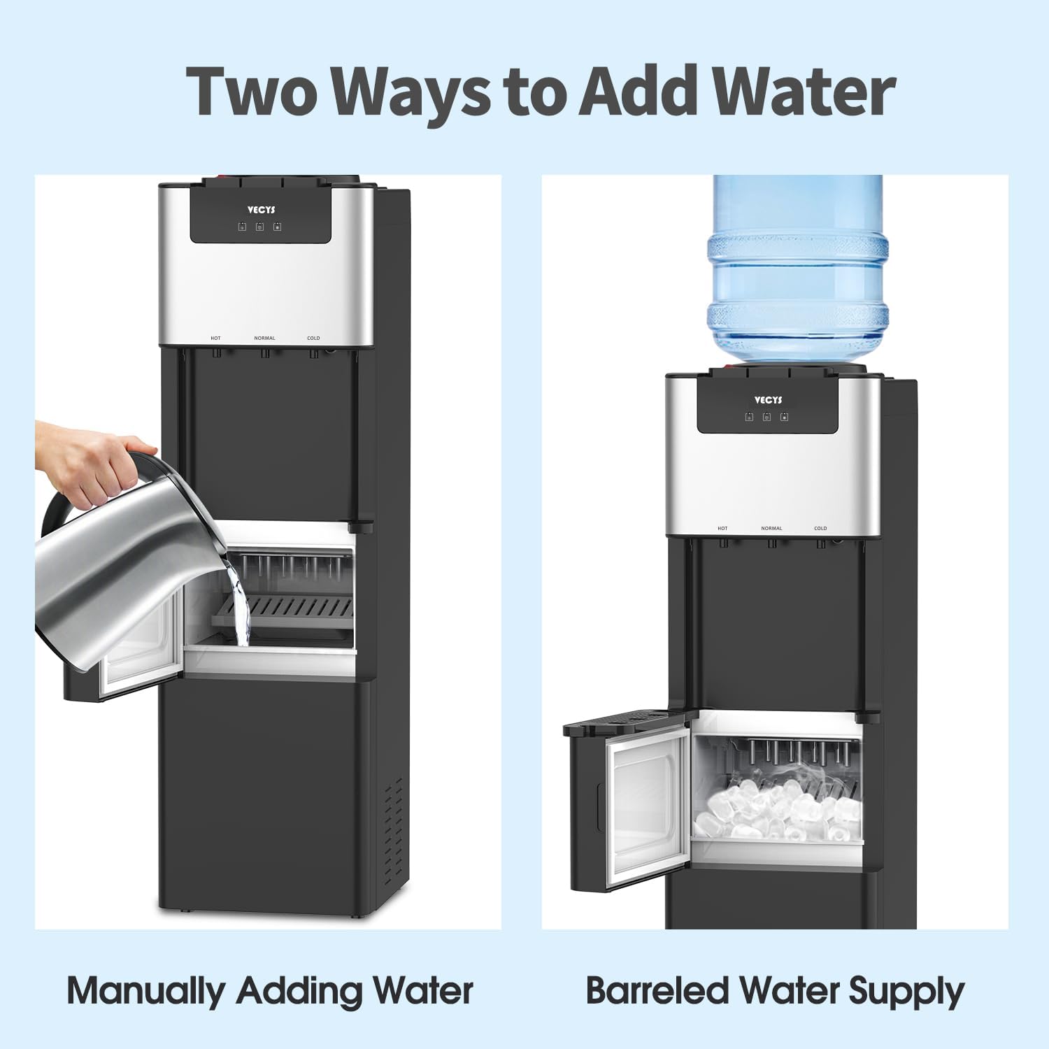 Two ways to add water to VECYS water dispenser