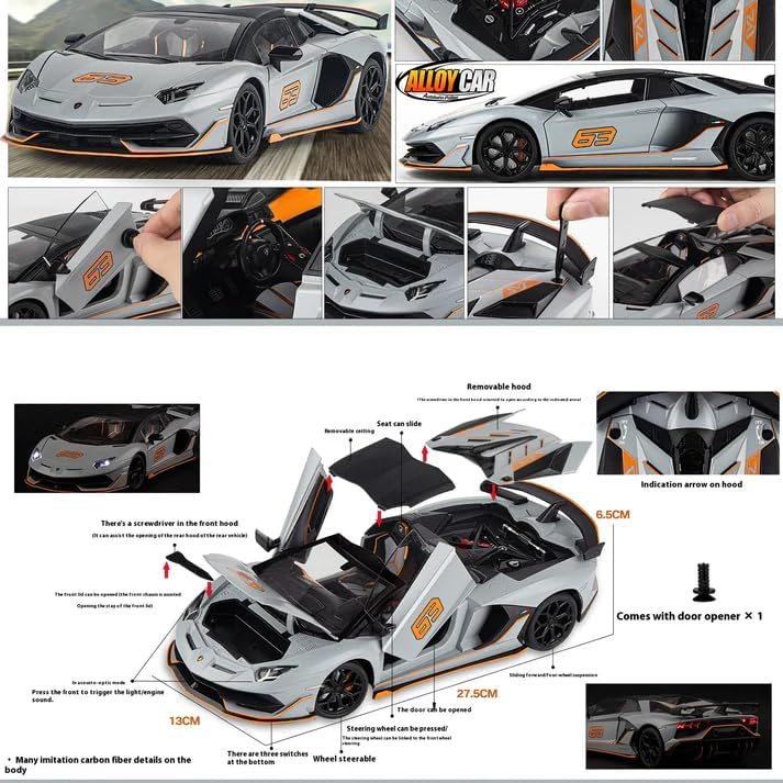 Image of Exclusive Alloy Metal Pull Back Die-Cast Car Diecast Metal Pullback Toy Car with Openable 6 Doors,Light Music Boys Gifts Toys (1:24 Lamborghini Avantadoor SVJ 63-Multicolor)