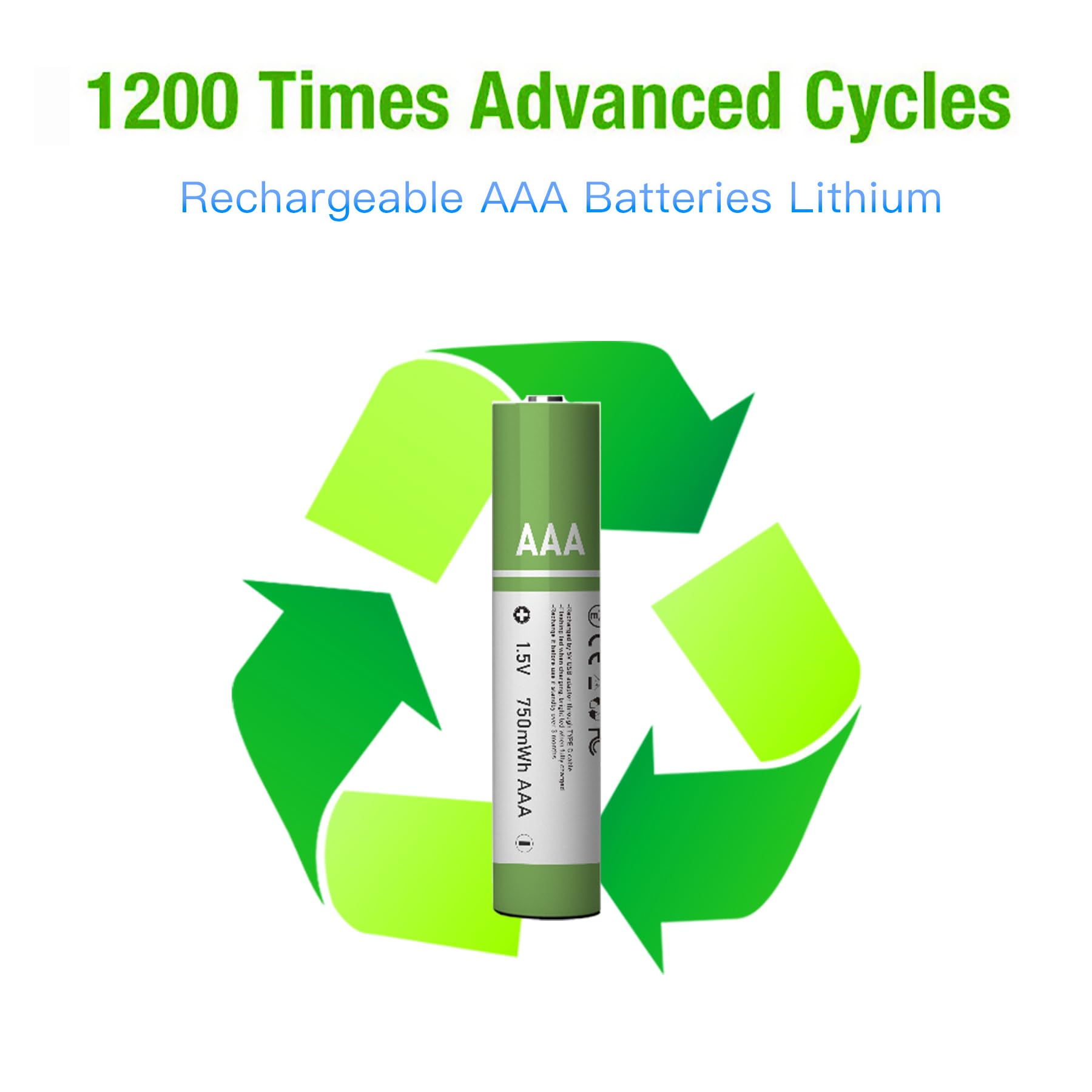 16 batterie AAA USB Type-C AAA agli ioni di litio ricaricabili, ad alta capacità, 1,5 V, 500 mAh, 750 mWh ricaricabili, con cavo di ricarica