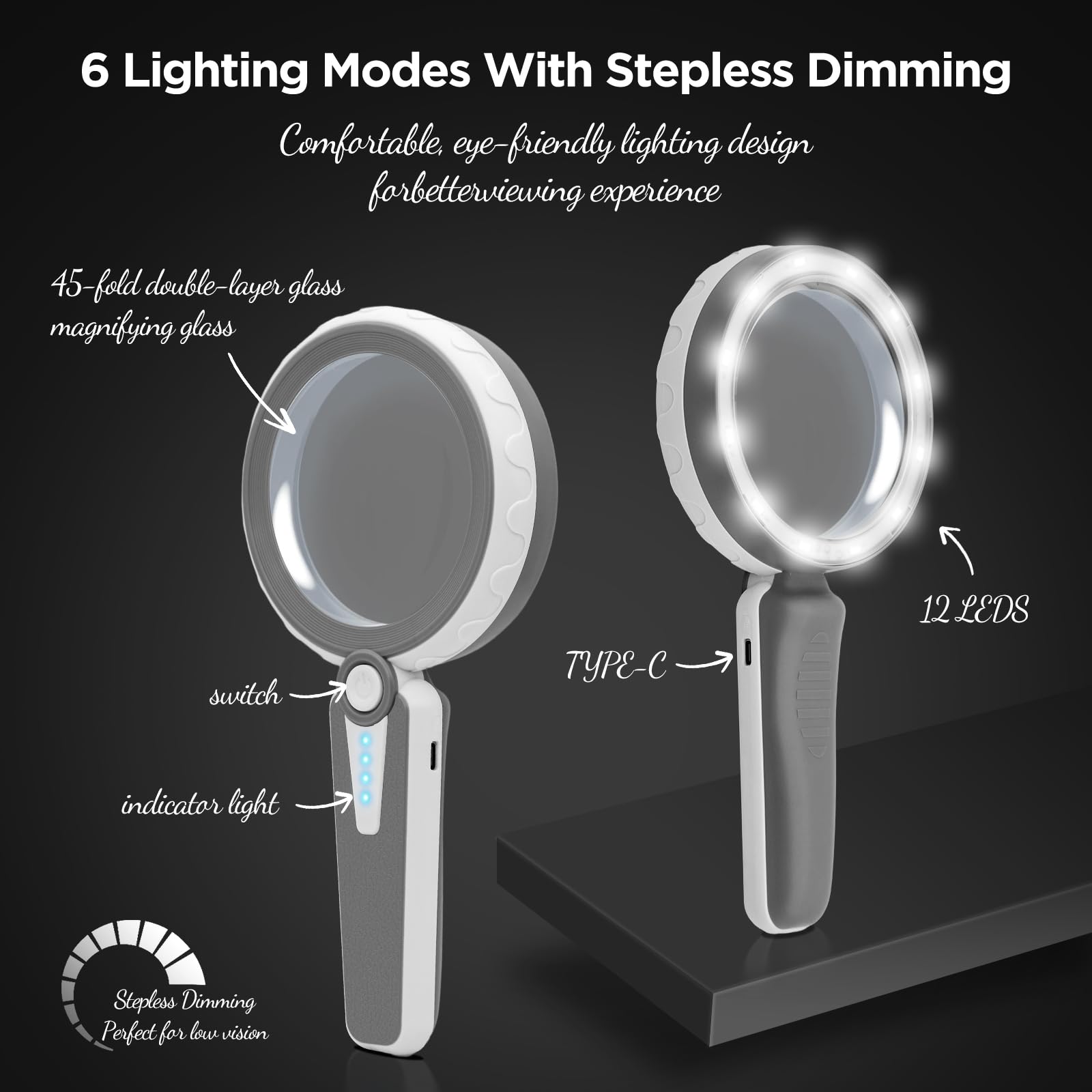 Lupa 45X con luz, lupa recargable grande para lectura | Lentes acrílicas dobles de 4.6 pulgadas • Batería de 1200 mAh • 6 modos de iluminación • Brillo ajustable • Diseño ergonómico