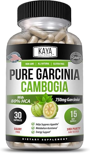 Kaya Naturals Pure Garcinia Cambogia Píldoras para bajar de peso Suplemento dietético Control del apetito Mujeres y Hombres 30 unidades