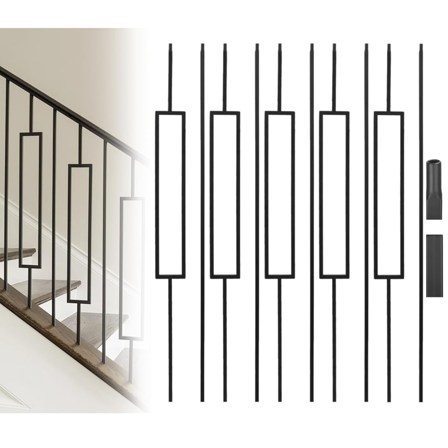 10 pack iron balusters for staircase,hollow rectangular square stair balusters,satin black balusters for staircase interior,44" x 1/2" (satin black) baluster-rectangular&square 10