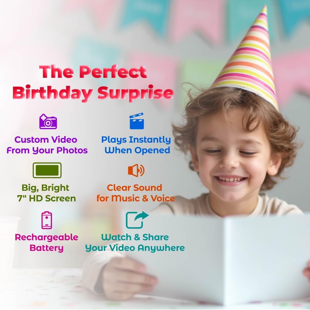 Custom Boys Birthday Video Card – Add Photos for Personalized Slideshow – Unique Gift for Kids – 7” LCD Display, 4GB Storage, Rechargeable Battery, Full Color Screen