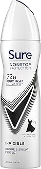 Sure Nonstop Protection Invisible Black & White Anti-Perspirant Aerosol Women's Deodorant Spray with Body Heat Activated tech. and white mark protection for 72 hour odour and sweat protection 150 ml