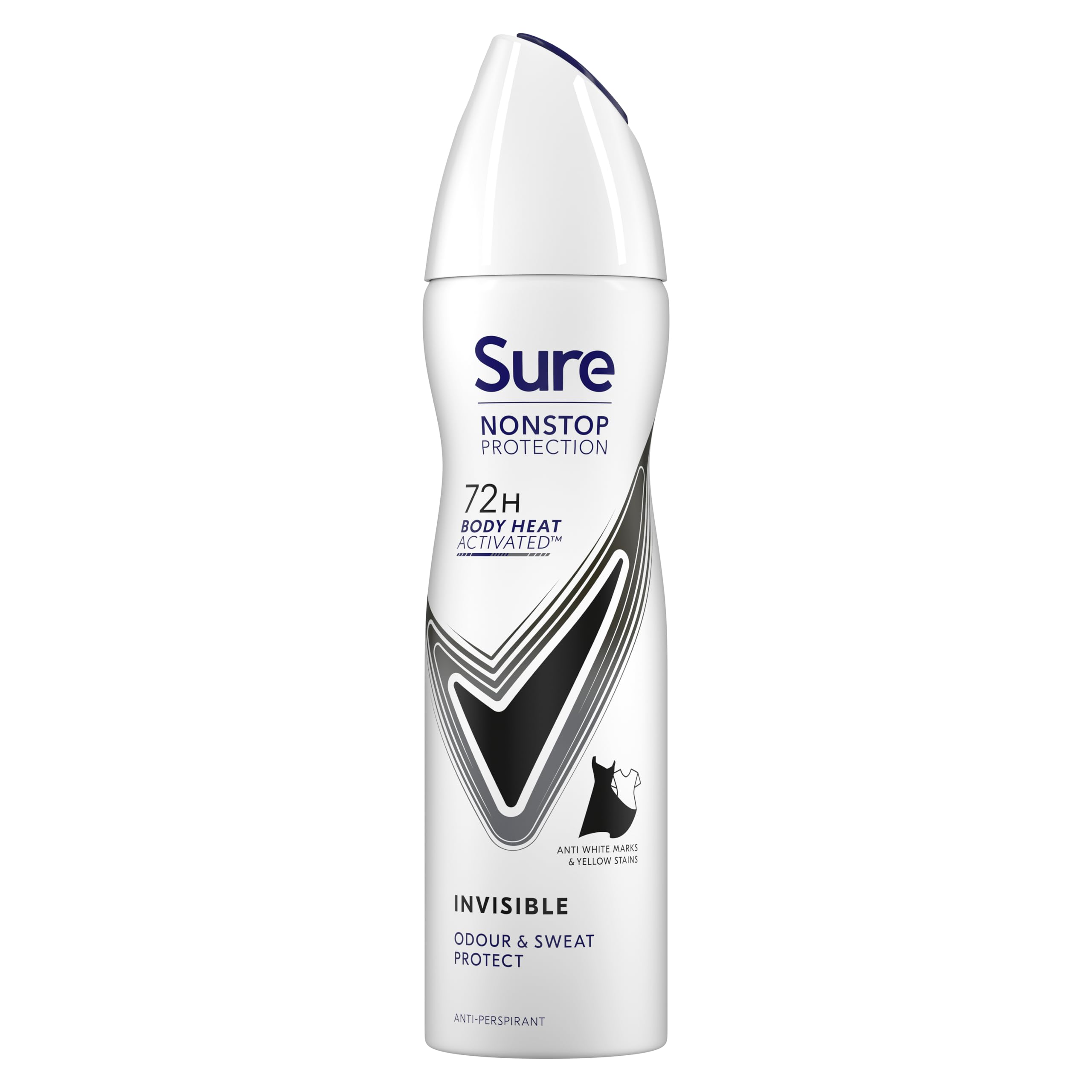 Sure Nonstop Protection Invisible Black & White Anti-Perspirant Aerosol Women's Deodorant Spray with Body Heat Activated tech. and white mark protection for 72 hour odour and sweat protection 150 ml