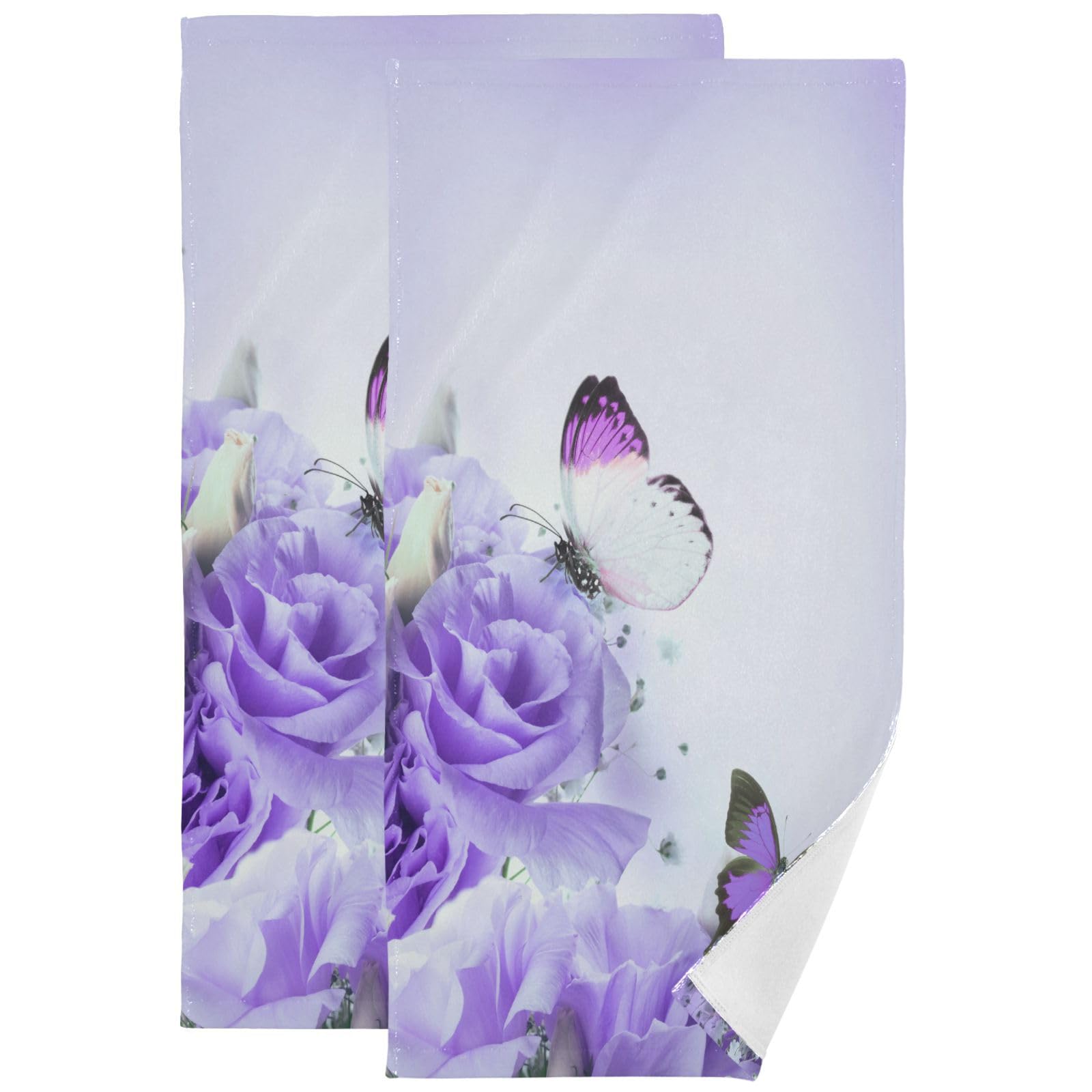 Purple Butterfly Hand Bath Towel Set of 2 Spring Summer Flowers Floral Bathroom Towel 16x30 in Soft Absorbent Guest Towels Hanging Kitchen Dish Towel Holiday Decor