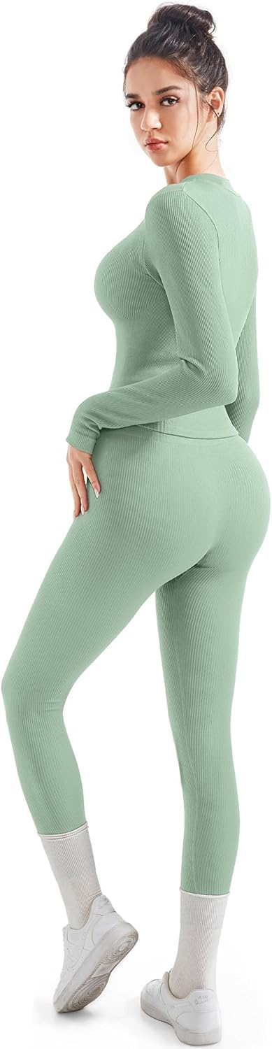 SUUKSESS Women 2 Piece Seamless Ribbed Workout Sets With Zip Up Jacket High Waisted Gym Yoga Leggings - Image 5