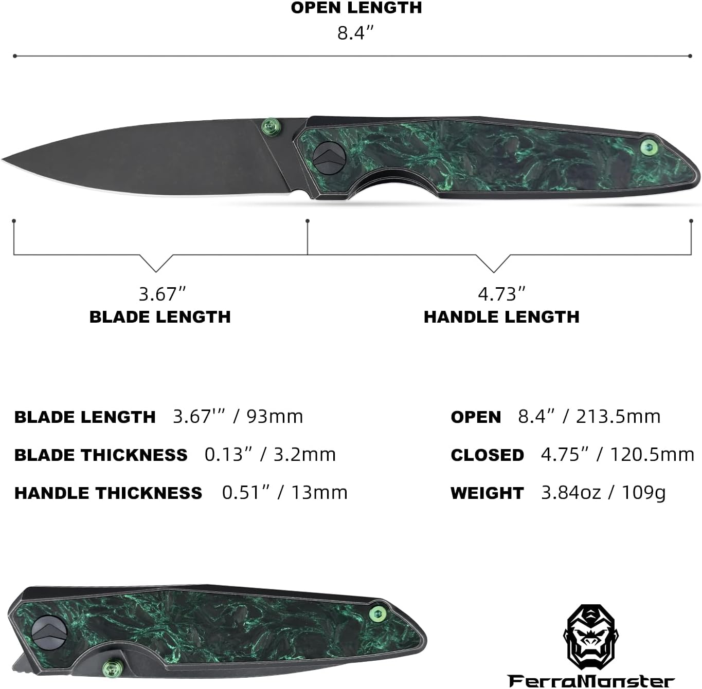 Folding Pocket Knife for Men, EDC Knife with 3.67" M390 Blade, Titanium Frame Lock Handle Carbon Fiber Inlay, Outdoor Camping Hiking Knife (Black&Green)