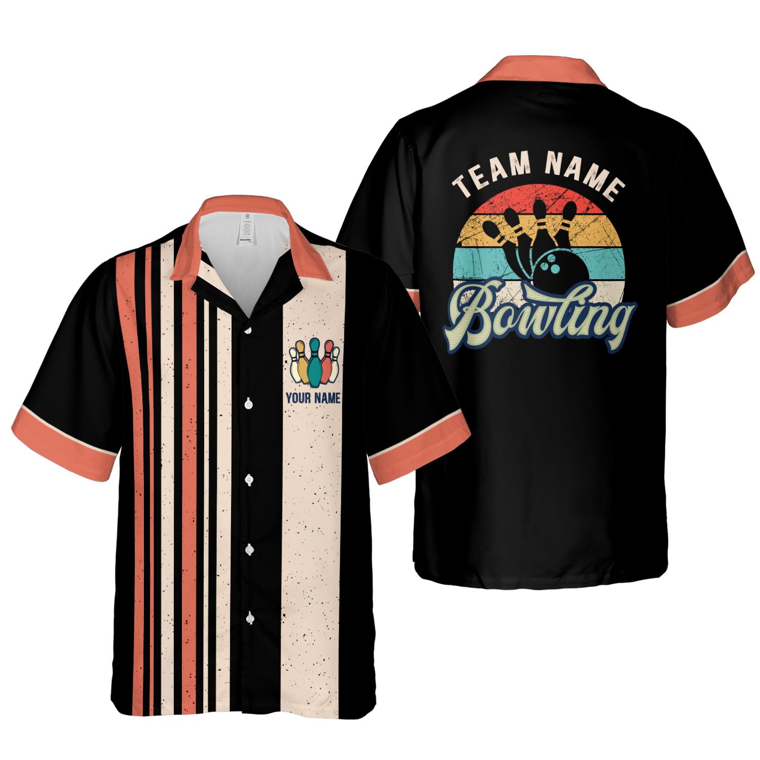 Personalized Bowling Hawaiian Shirt 3D Custom Funny Retro Vintage Button-Down Short Sleeve Men Women Bowling Team Lover Gifts (Polyester Blend, Bowling 8)