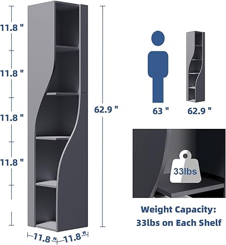 Miniatura 3 de FUQARHY Organizador de armario de almacenamiento de 63 pulgadas de alto armario independiente de madera estrecho estantería de esquina de 5 niveles
