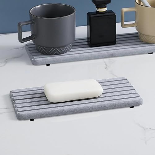 Miniatura 4 de Posavasos de diatomita absorbentes de agua de 12.2 x 5.5 pulgadas, 2 piezas de diseño ranurado de tierra de diatomeas, bandeja de piedra absorbente