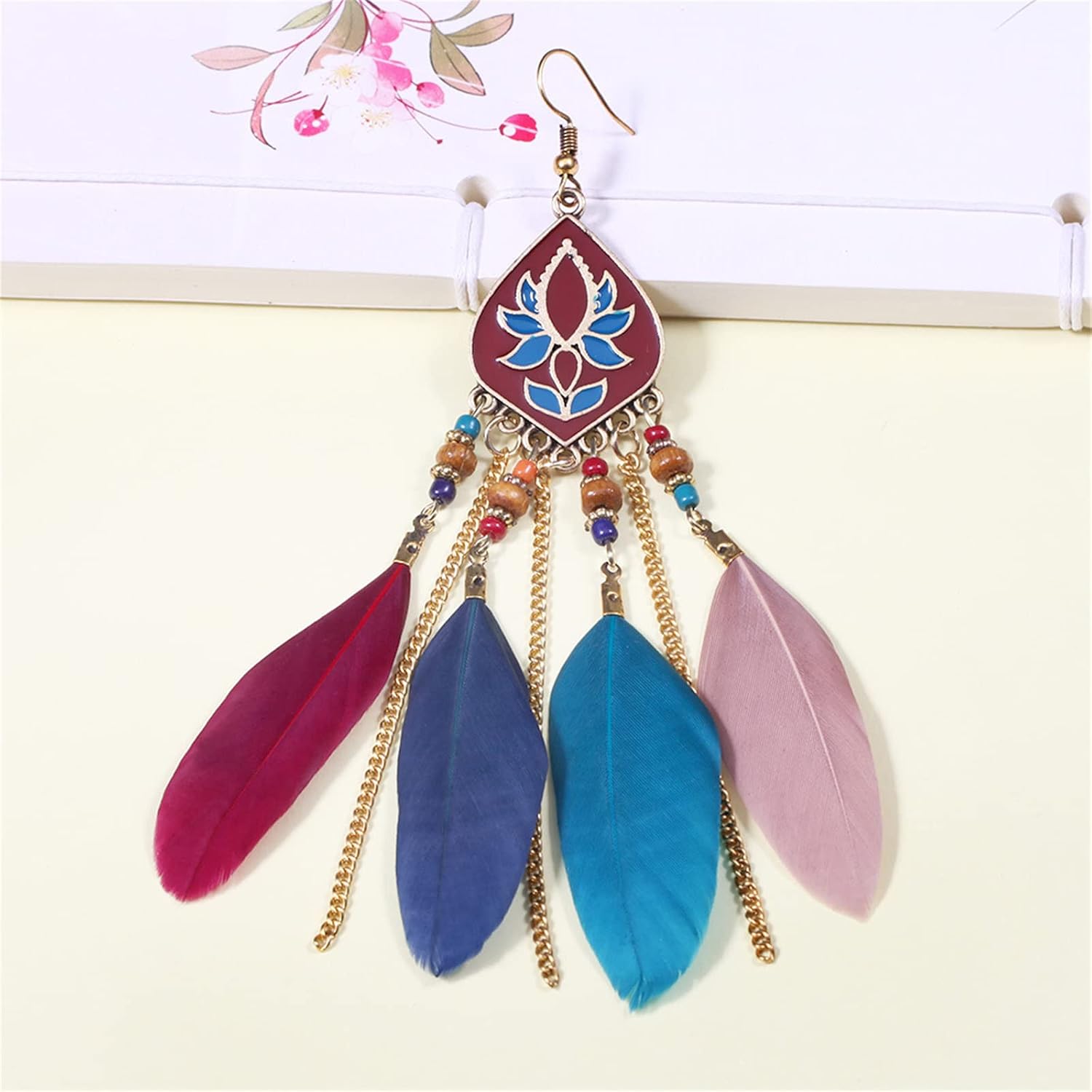 MALOYANVE Punk Vintage Long Tassel Feather Earrings for Women Bohemian Handmade Natural Pendant Earring Fish Hook Earrings Vintage Boho Multicolor Tassel Feathers Dangle Drop Earrings Jewelry image 5