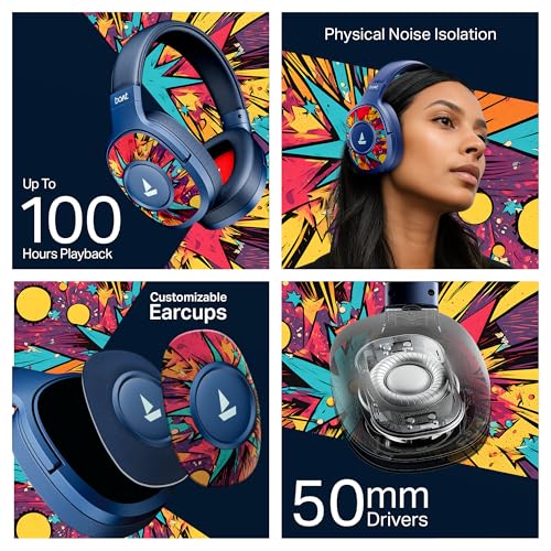 Image of Boat Rockerz Plus 550, Customizable Earcups, 100H Battery, 50mm Drivers, Dual Pair, Stream Ad Free Music via App Support, Bluetooth Headphones, Wireless Headphone with Mic (Blue Psyche)